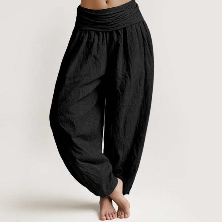 Pantalones harén de cintura elástica para mujer, color negro liso y puro algodón Buddha Stones - Negro - US22，UK/AU26，EU54 (6XL) - image 0