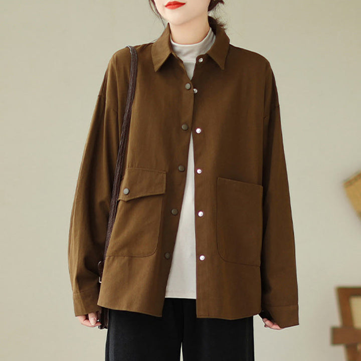 Chaqueta de algodón con botones y bolsillos de manga larga para mujer Buddha Stones - Marrón silla de montar - US14，UK/AU18，EU46 (2XL) - image 0