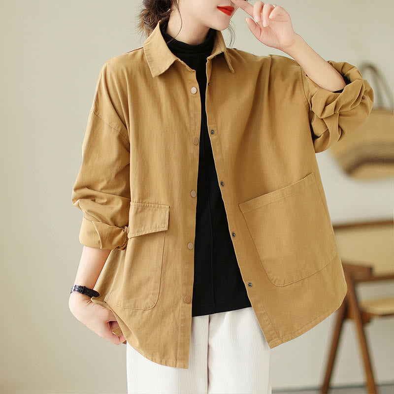 Chaqueta de algodón con botones y bolsillos de manga larga para mujer Buddha Stones - Sandy Brown - US14，UK/AU18，EU46 (2XL) - image 5