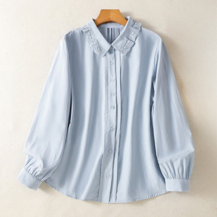 Camisa informal de algodón con solapa de encaje y manga larga para mujer Buddha Stones - Azul cielo claro - US12, UK/AU16, EU44 (2XL) - image 0