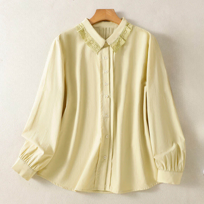Camisa informal de algodón con solapa de encaje y manga larga para mujer Buddha Stones - Caqui - US12, UK/AU16, EU44 (2XL) - image 9