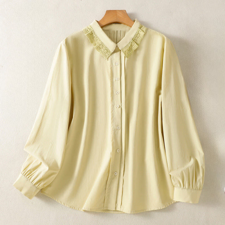 Camisa informal de algodón con solapa de encaje y manga larga para mujer Buddha Stones - Caqui - US12, UK/AU16, EU44 (2XL) - image 9