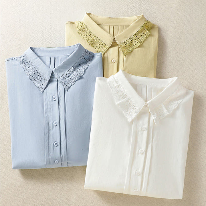 Camisa informal de algodón con solapa de encaje y manga larga para mujer Buddha Stones - image 28