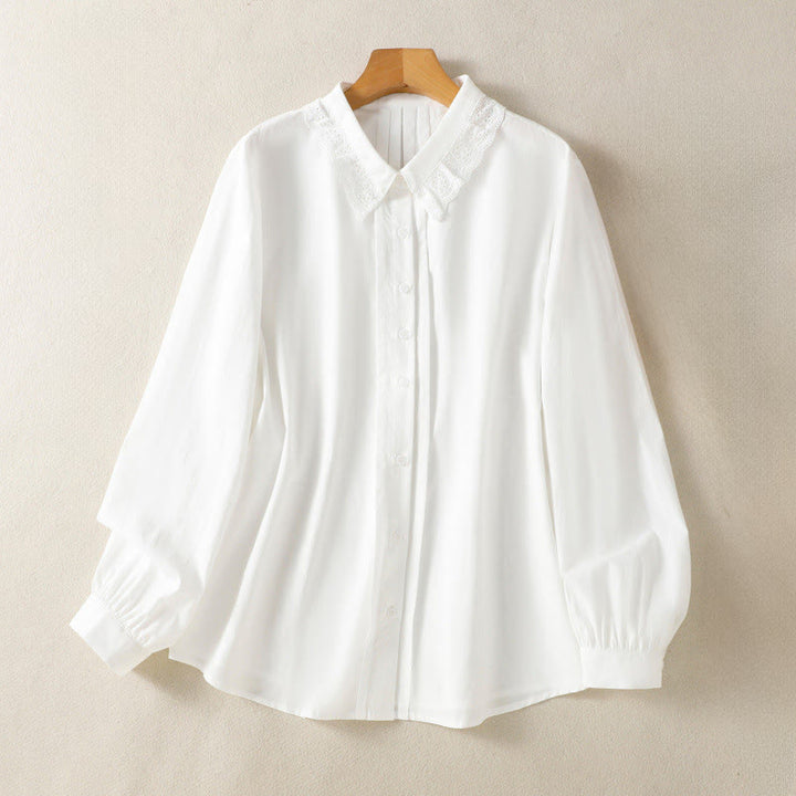 Camisa informal de algodón con solapa de encaje y manga larga para mujer Buddha Stones - Blanco - US12, UK/AU16, EU44 (2XL) - image 19