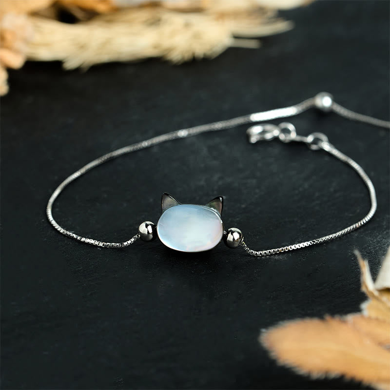 Buddha Stones Pulsera de cadena con bendición de cabeza de gato y piedra tridacna en plata de ley 925 - Piedra Tridacna Negra - 17-22 cm - image 0