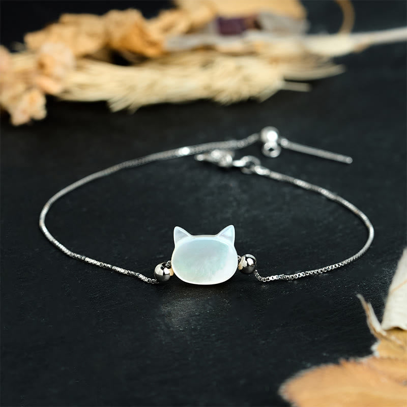 Buddha Stones Pulsera de cadena con bendición de cabeza de gato y piedra tridacna en plata de ley 925 - Piedra Tridacna Blanca - 17-22 cm - image 8