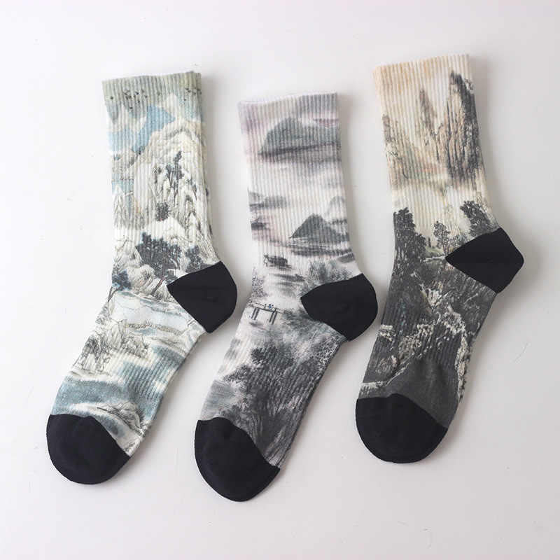 Calcetines unisex de tres pares con diseño de paisaje con pintura de tinta china y Buddha Stones para hombre y mujer - Calcetines de tres pares con salpicaduras de color - Talla única (EE. UU. 5,5-10, UE 37-42, UK/AU4 4-9, Asia 23,5-26,5 cm) - image 0