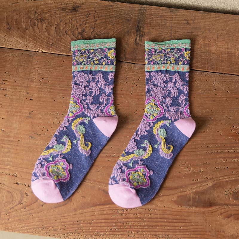 Calcetines de algodón para mujer con estampado floral retro en relieve de Buddha Stones - Azul pizarra - Talla única (US4. 4-9, UE 34-39, UK/ 2,5-6, Asia 22-24,5 cm) - image 10