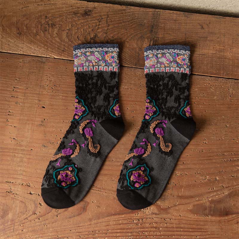 Calcetines de algodón para mujer con estampado floral retro en relieve de Buddha Stones - Negro - Talla única (US4. 4-9, UE 34-39, UK/ 2,5-6, Asia 22-24,5 cm) - image 4