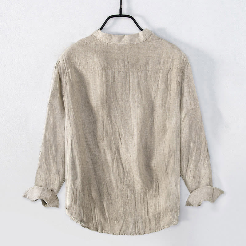 Buddha Stones Color sólido manga corta medio botón camisa lino y algodón hombres ropa - image 30