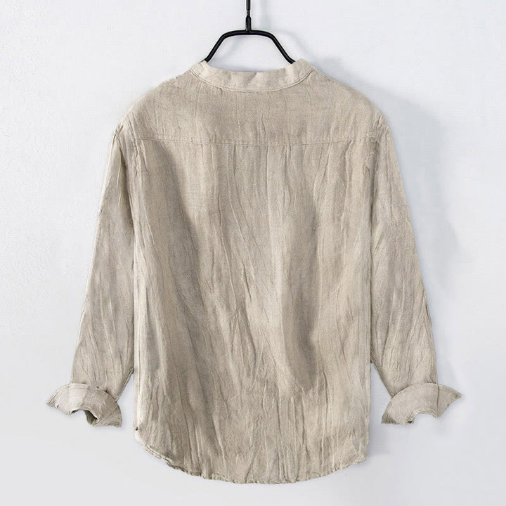 Buddha Stones Color sólido manga corta medio botón camisa lino y algodón hombres ropa - image 30