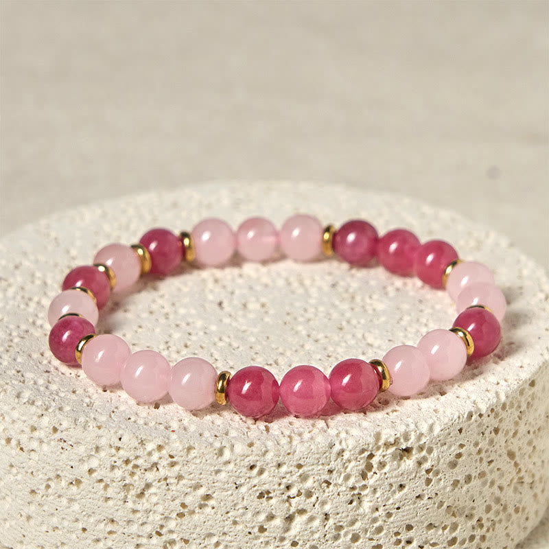 Pulsera de cuentas de cristal rosa de cuarzo fresa con Buddha Stones y amor positivo - Cuarzo fresa y cristal rosa (circunferencia de la muñeca: 19-22 cm) - image 0