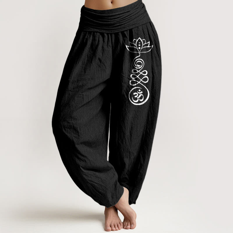 Pantalones harén de algodón con cintura elástica para mujer, con estampado de loto y Buddha Stones - Negro - US22，UK/AU26，EU54 (6XL) - image 5