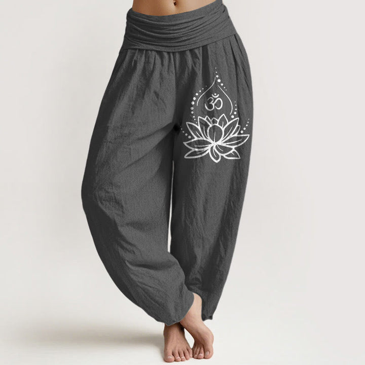 Pantalones harén de algodón con cintura elástica para mujer, con estampado de símbolo Om y loto floreciente de Buddha Stones - Gris tenue - US22，UK/AU26，EU54 (6XL) - image 8