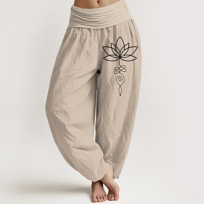 Pantalones harén de algodón puro con cintura elástica para mujer, con estampado de símbolo de loto y Buddha Stones - Broncearse - US22，UK/AU26，EU54 (6XL) - image 0