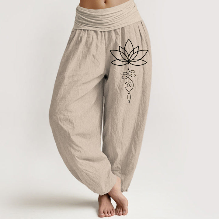 Pantalones harén de algodón puro con cintura elástica para mujer, con estampado de símbolo de loto y Buddha Stones - Broncearse - US22，UK/AU26，EU54 (6XL) - image 0