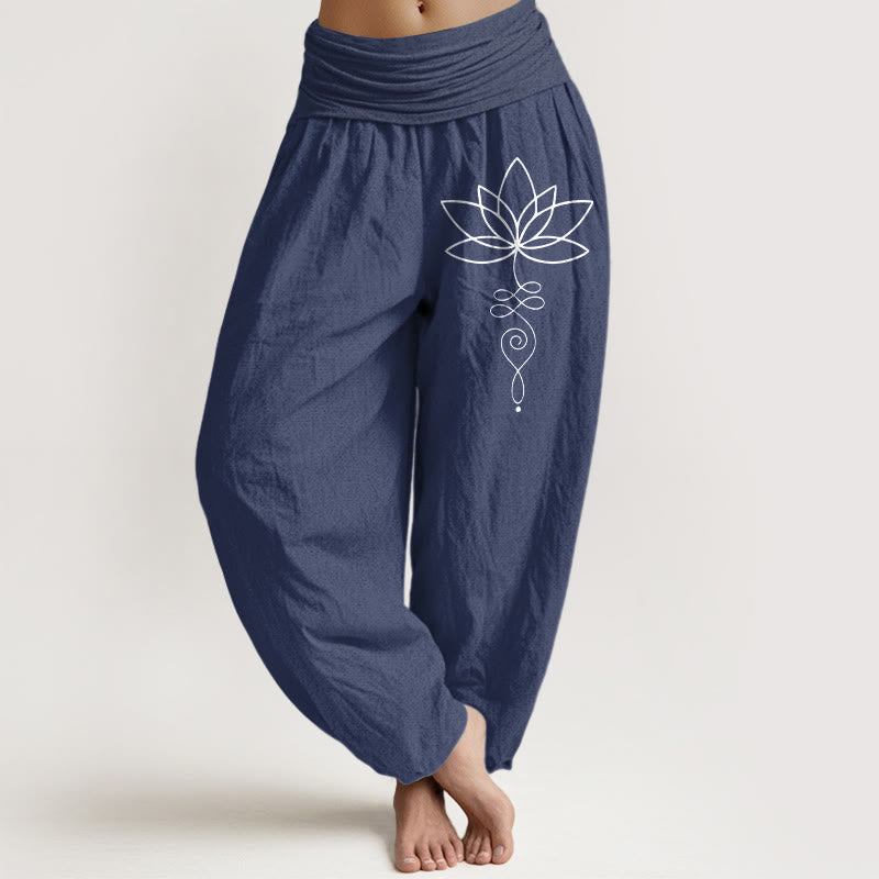 Pantalones harén de algodón puro con cintura elástica para mujer, con estampado de símbolo de loto y Buddha Stones - Azul pizarra oscuro - US22，UK/AU26，EU54 (6XL) - image 8