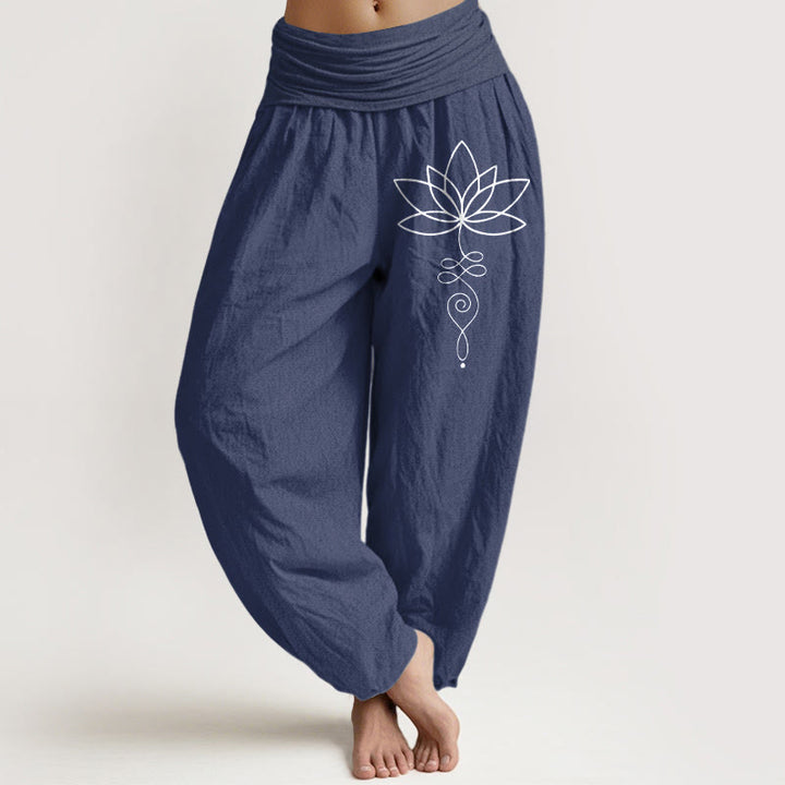 Pantalones harén de algodón puro con cintura elástica para mujer, con estampado de símbolo de loto y Buddha Stones - Azul pizarra oscuro - US22，UK/AU26，EU54 (6XL) - image 8