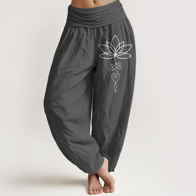 Pantalones harén de algodón puro con cintura elástica para mujer, con estampado de símbolo de loto y Buddha Stones - Gris tenue - US22，UK/AU26，EU54 (6XL) - image 11