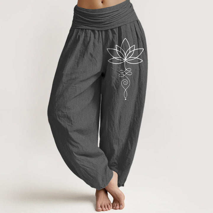 Pantalones harén de algodón puro con cintura elástica para mujer, con estampado de símbolo de loto y Buddha Stones - Gris tenue - US22，UK/AU26，EU54 (6XL) - image 11