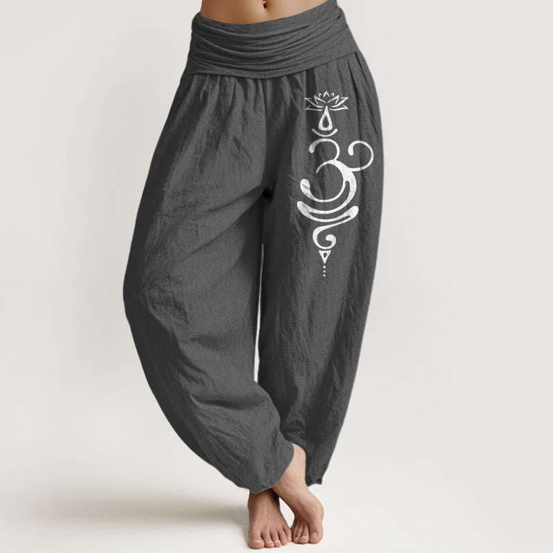 Pantalones harén de algodón puro con cintura elástica para mujer, estampado de símbolo de Unalome, flor de loto y Buddha Stones - Gris tenue - US22，UK/AU26，EU54 (6XL) - image 0