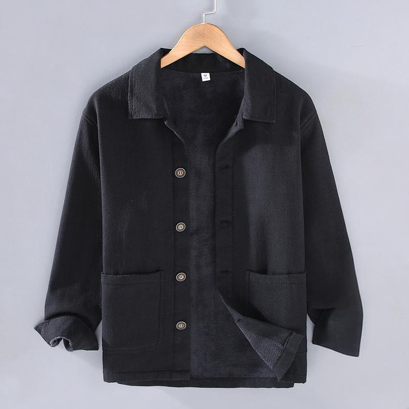 Chaqueta térmica Buddha Stones de manga larga, lisa, de lino y algodón ramio con forro polar y bolsillos para hombre - Negro - US/UK/AU42, EU52 (3XL) - image 11