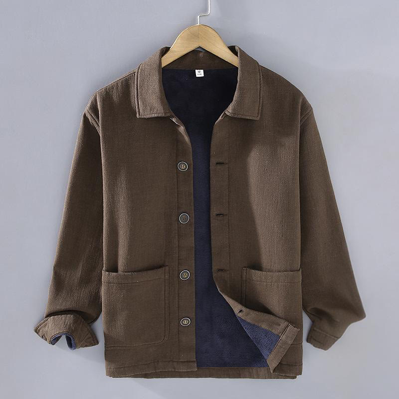 Chaqueta térmica Buddha Stones de manga larga, lisa, de lino y algodón ramio con forro polar y bolsillos para hombre - SaddleBrown - US/UK/AU42, EU52 (3XL) - image 14