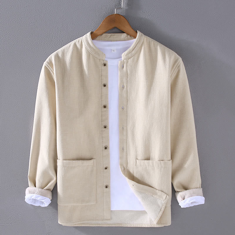 Chaqueta térmica de ramio con cuello alto, manga larga, forrada de felpa y bolsillos para hombre de Buddha Stones. - Beige - US/UK/AU42, EU52 (3XL) - image 4