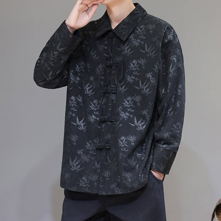 Chaqueta de traje Tang de algodón para hombre, de manga larga, con botones de rana y estampado de hojas y jacquard de Buddha Stones - image 4