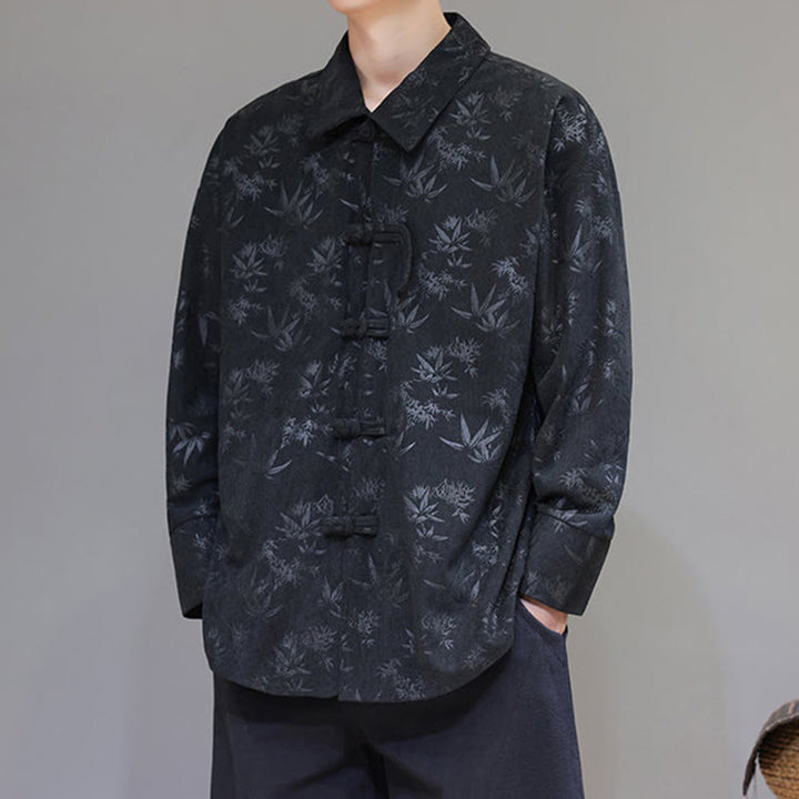 Chaqueta de traje Tang de algodón para hombre, de manga larga, con botones de rana y estampado de hojas y jacquard de Buddha Stones - image 2