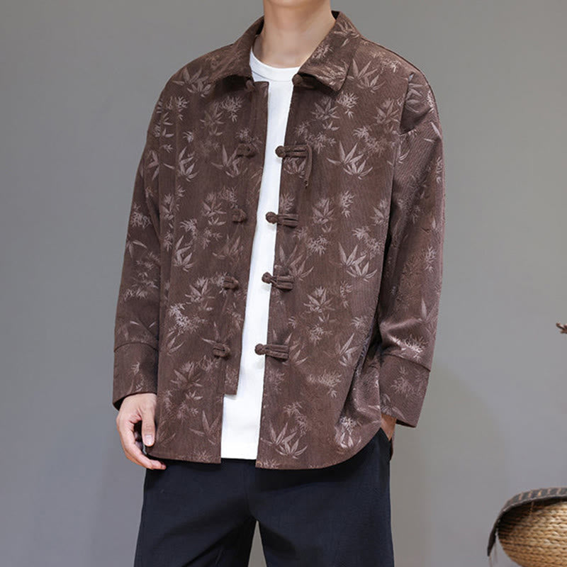 Chaqueta de traje Tang de algodón para hombre, de manga larga, con botones de rana y estampado de hojas y jacquard de Buddha Stones - image 29