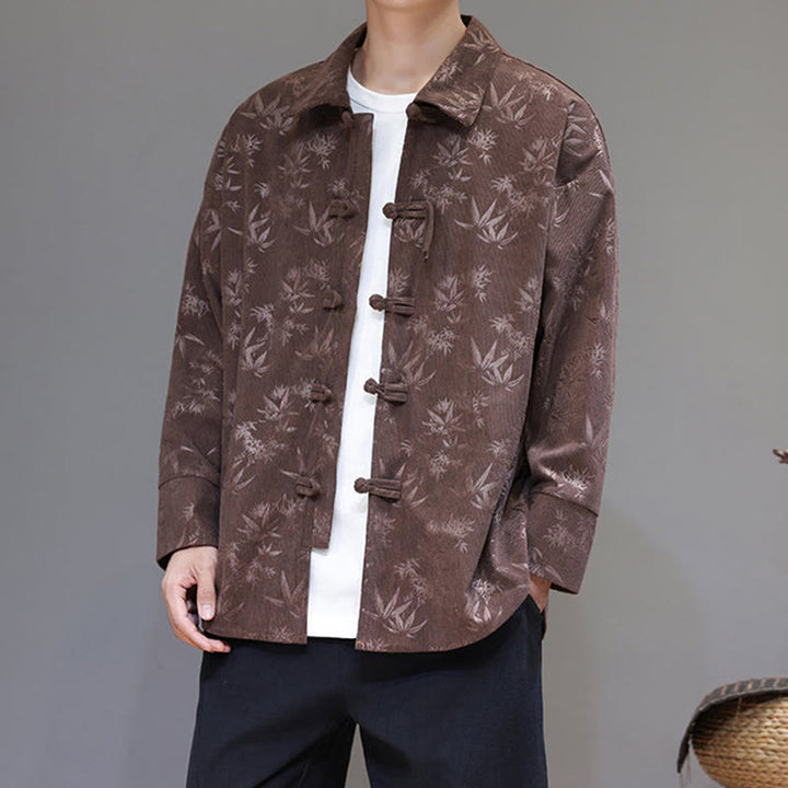 Chaqueta de traje Tang de algodón para hombre, de manga larga, con botones de rana y estampado de hojas y jacquard de Buddha Stones - image 29