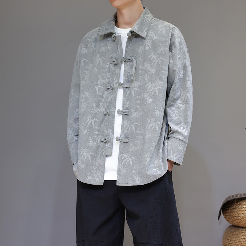 Chaqueta de traje Tang de algodón para hombre, de manga larga, con botones de rana y estampado de hojas y jacquard de Buddha Stones - Gris claro - US/UK/AU46, EU56 (5XL) - image 8