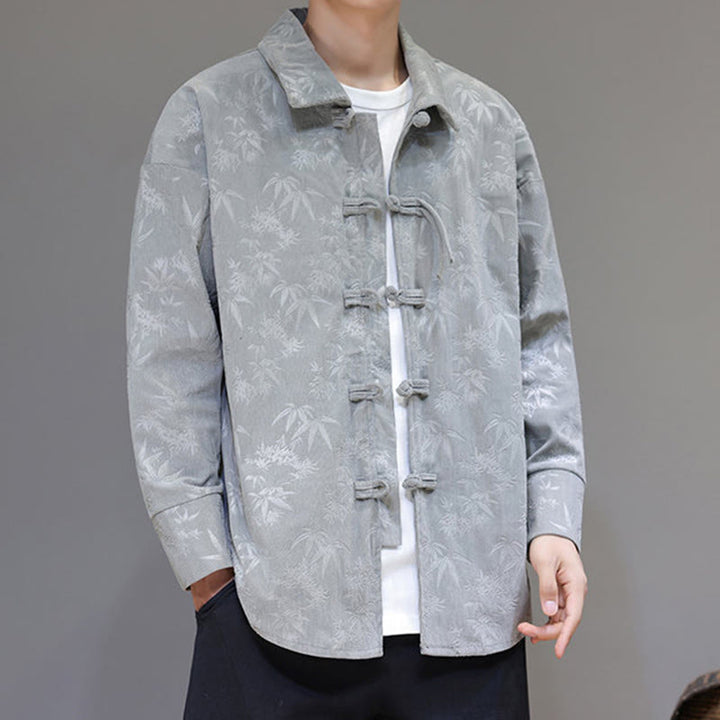 Chaqueta de traje Tang de algodón para hombre, de manga larga, con botones de rana y estampado de hojas y jacquard de Buddha Stones - image 14