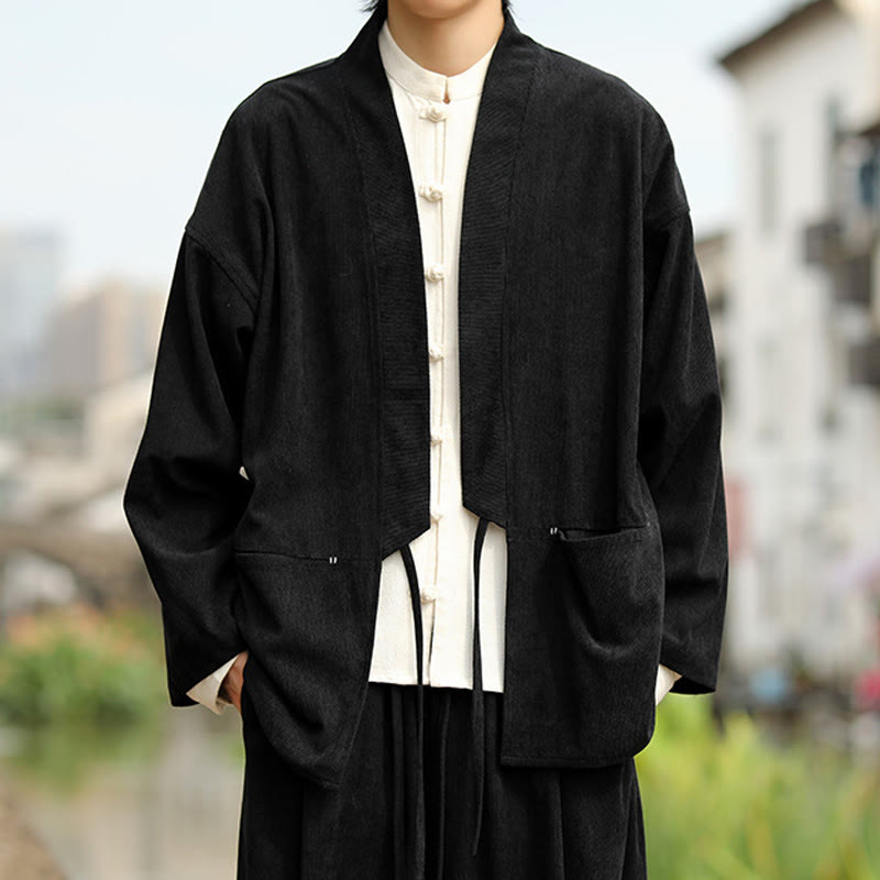 Chaqueta estilo kimono de pana de algodón para hombre, de manga larga, color liso , con bolsillos y abertura frontal. - Negro - US/UK/AU46, EU56 (5XL) - image 13