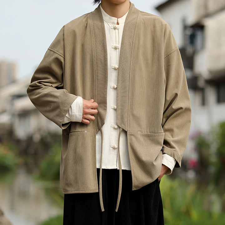Chaqueta estilo kimono de pana de algodón para hombre, de manga larga, color liso , con bolsillos y abertura frontal. - image 4