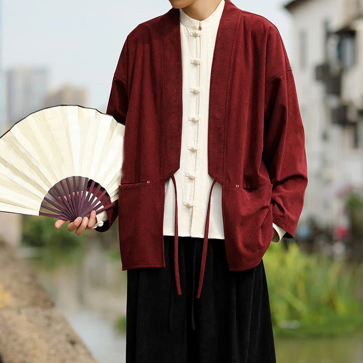 Chaqueta estilo kimono de pana de algodón para hombre, de manga larga, color liso , con bolsillos y abertura frontal. - image 8