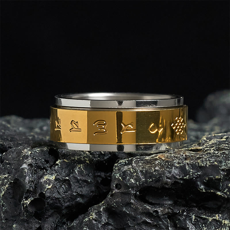 Anillo de la paz giratorio de acero y titanio con escrituras tibetanas Om Mani Padme Hum y Buddha Stones - 70-73 mm - image 0