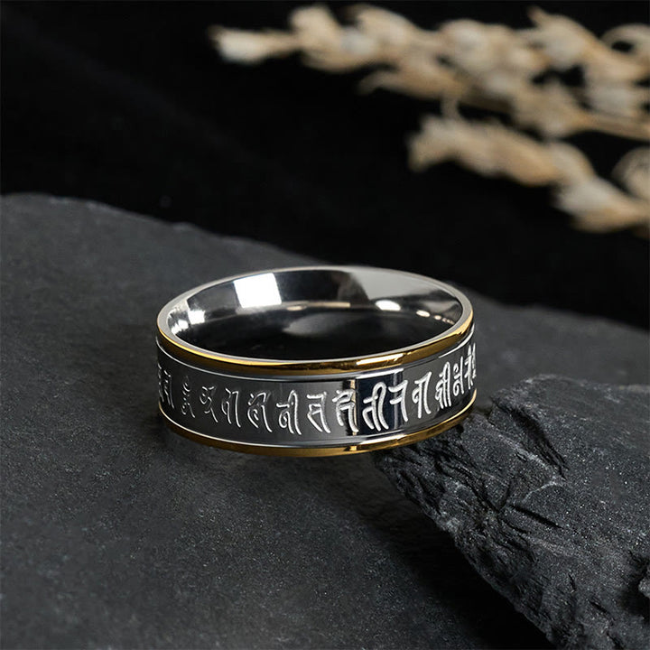 Anillo de equilibrio de acero y titanio con mantra Shurangama y escrituras tibetanas de Buddha Stones - image 1