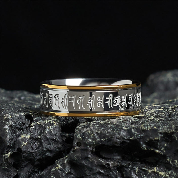 Anillo de equilibrio de acero y titanio con mantra Shurangama y escrituras tibetanas de Buddha Stones - 70-73 mm - image 0