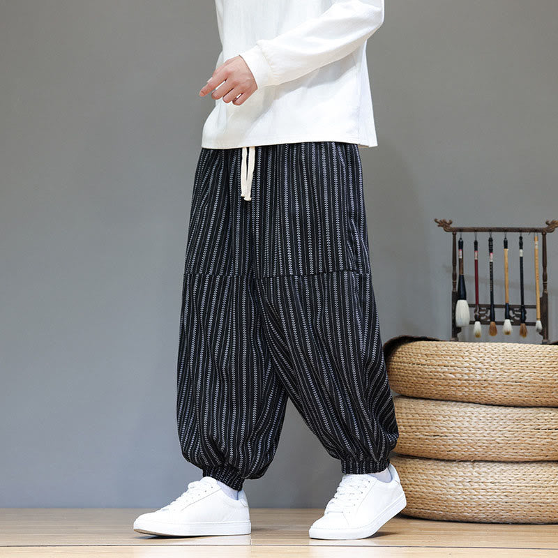 Pantalones de pana estilo harén para hombre con cordón y bolsillos, estampado de rayas otoñales y Buddha Stones - image 0