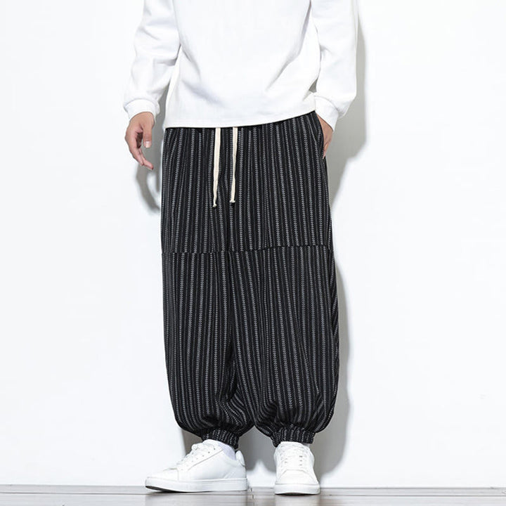 Pantalones de pana estilo harén para hombre con cordón y bolsillos, estampado de rayas otoñales y Buddha Stones - image 11