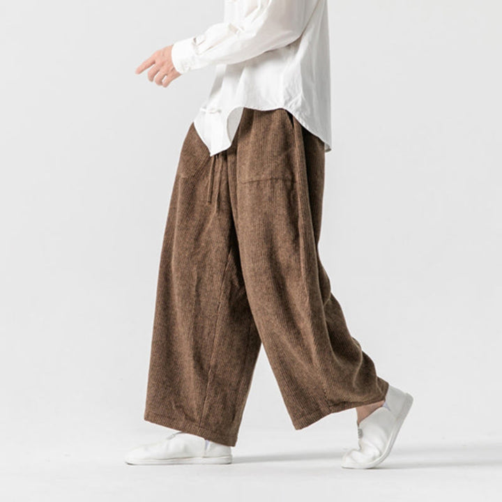 Pantalones de algodón de pierna ancha con bolsillos y diseño de cordón de color liso para hombre de Buddha Stones Daily - image 16