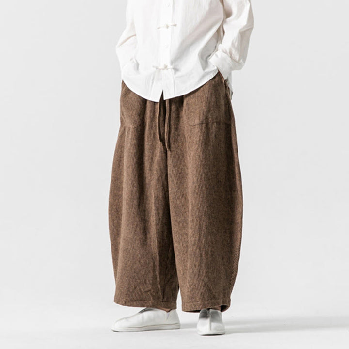 Pantalones de algodón de pierna ancha con bolsillos y diseño de cordón de color liso para hombre de Buddha Stones Daily - image 13