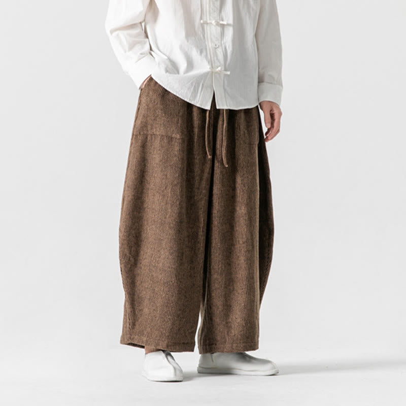 Pantalones de algodón de pierna ancha con bolsillos y diseño de cordón de color liso para hombre de Buddha Stones Daily - image 15