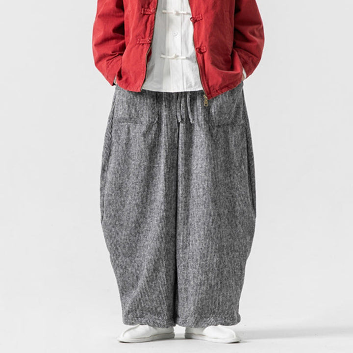 Pantalones de algodón de pierna ancha con bolsillos y diseño de cordón de color liso para hombre de Buddha Stones Daily - image 32