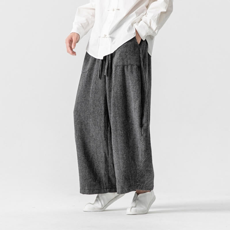 Pantalones de algodón de pierna ancha con bolsillos y diseño de cordón de color liso para hombre de Buddha Stones Daily - image 5