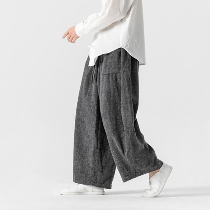 Pantalones de algodón de pierna ancha con bolsillos y diseño de cordón de color liso para hombre de Buddha Stones Daily - image 6