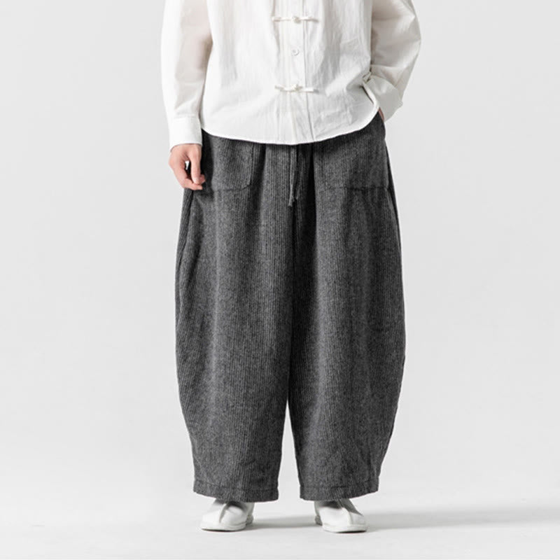 Pantalones de algodón de pierna ancha con bolsillos y diseño de cordón de color liso para hombre de Buddha Stones Daily - image 1