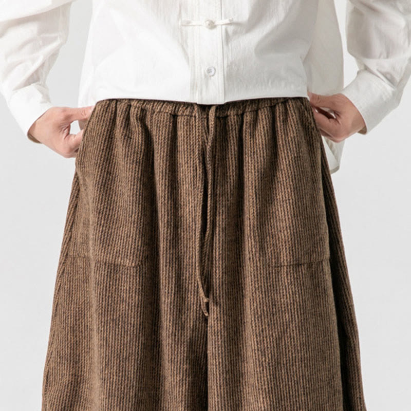 Pantalones de algodón de pierna ancha con bolsillos y diseño de cordón de color liso para hombre de Buddha Stones Daily - image 20
